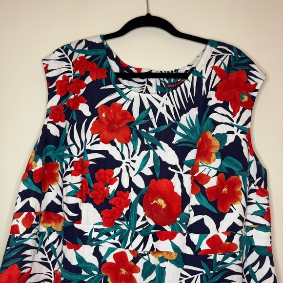 JESSICA LONDON Linen Blend Tropical Beach Red Floral Structured Shift Midi Dress - Picture 3 of 8